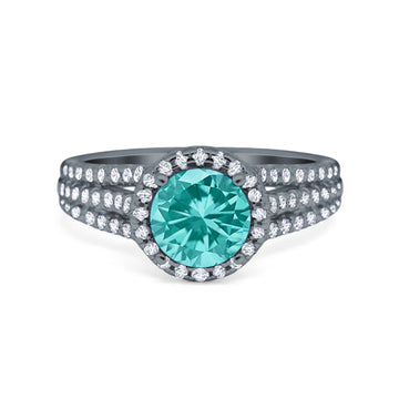 Halo Engagement Ring Accent Dazzling Black Tone, Simulated Paraiba Tourmaline CZ 925 Sterling Silver